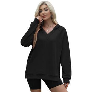 Wenlia Black Hoodie V Neck Side Slit Casual Sweatshirt Long Sleeve Pullover